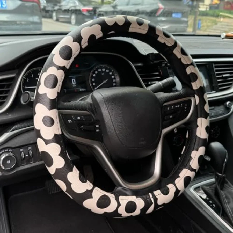 Vintage Groovy Flowers Car Leather Steering Wheel Cover - ch Universal Microfiber- Soft and Breathable and Silicone Anti Slip A
