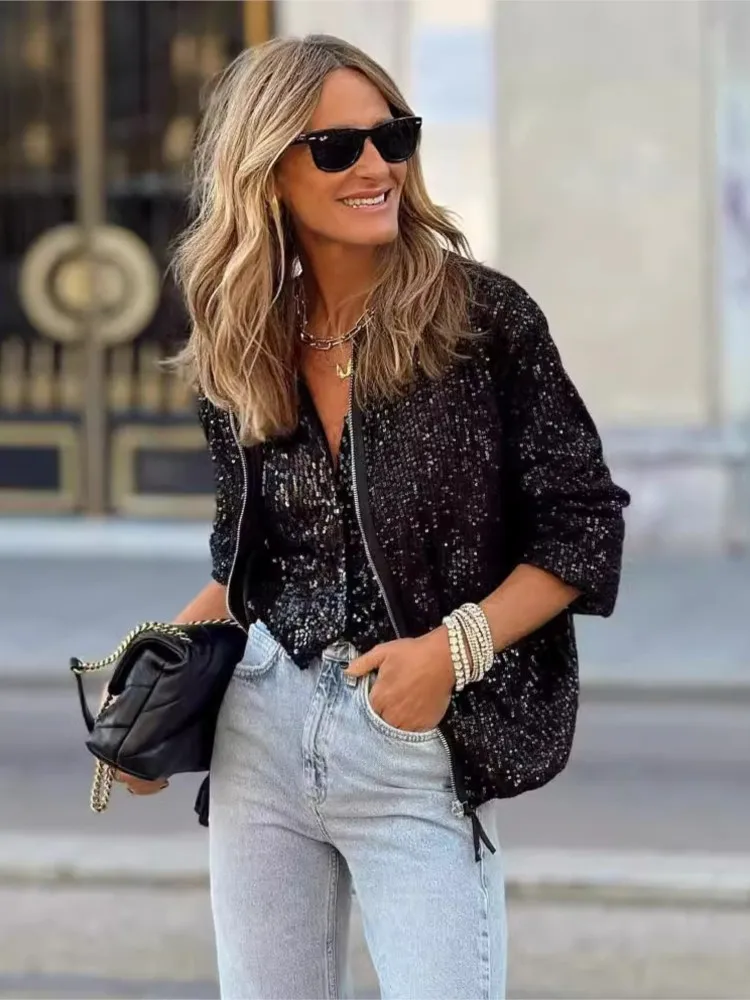 

New Autumn Winter Casual Fashion Sequined Jacket Women's Elegant Solid Holiday Party For Women Coats Clubwear Women Clothes
