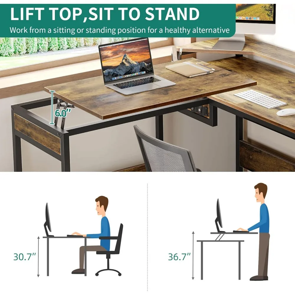 Mesa em forma de L com elevador, mesa ajustável com gaveta de arquivo, mesa do computador de canto com prateleiras, 65"