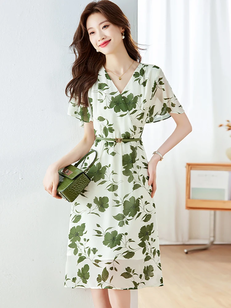 2024 New Green Floral Chiffon Casual Holiday Dress Summer Short Seeve V-Neck Bandage Dress Women Korean Fashion Bodycon Vestidos