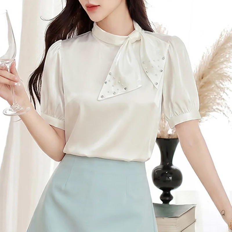 

Women Blouse Shirt New Stand Collar Bow Embroidered Flares Blouse Shirt Women Tops Summer Short Sleeve Blusas Para Mujer Q4039