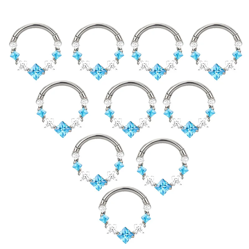 10 Pcs Wholesale ASTM F136 Titanium PIERC EAR Nose Ring with 5 Square CZ Ring Hoop Face Hinged Segment Clicker Piercing Jewelry