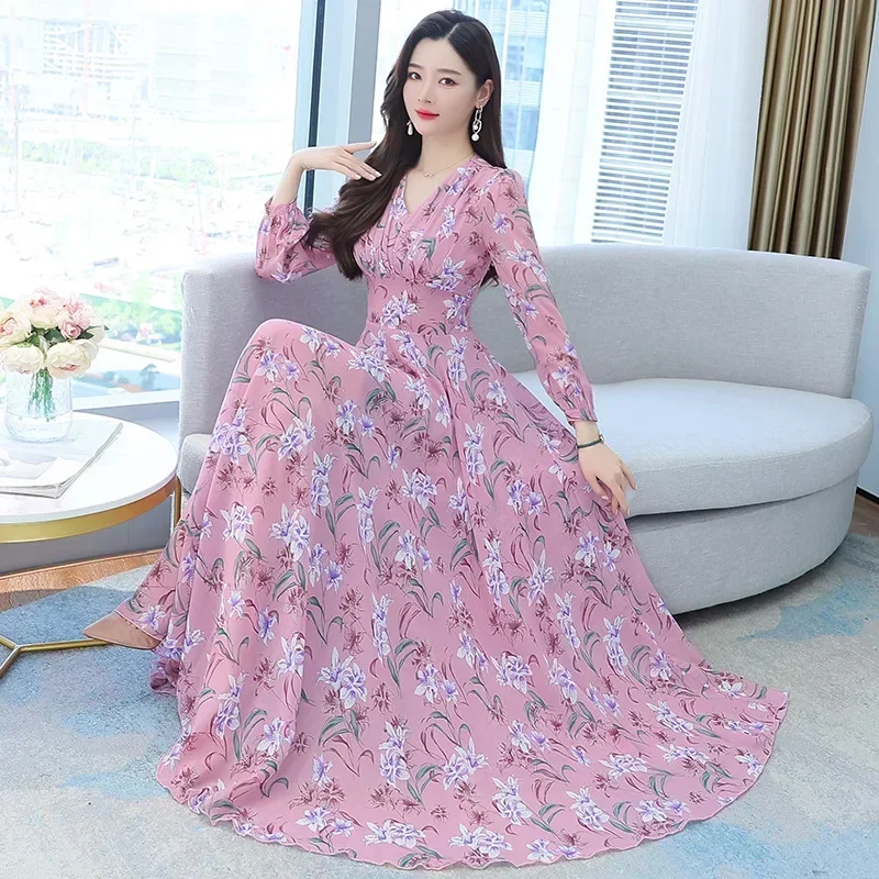 

2024 Muslim dresses Spring New Arrival V Collar Vestidos De fiesta Flower Printed Long Sleeve Chiffon Long Beach Dress Robe