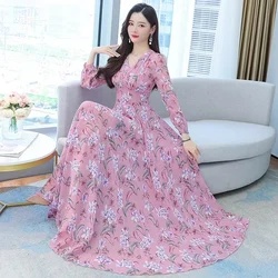 2024 Muslim dresses Spring New Arrival V Collar Vestidos De fiesta Flower Printed Long Sleeve Chiffon Long Beach Dress Robe