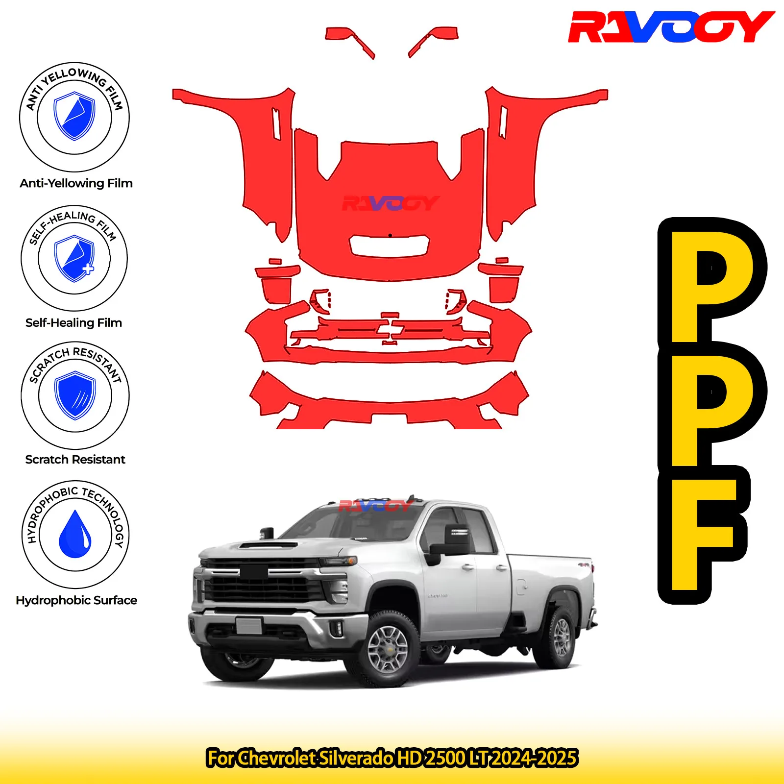 

Для Chevrolet Silverado HD 2500 LT 2024-2025 глянцевый матовый черный предварительно вырезанный передний комплект PPF защитная пленка для краски