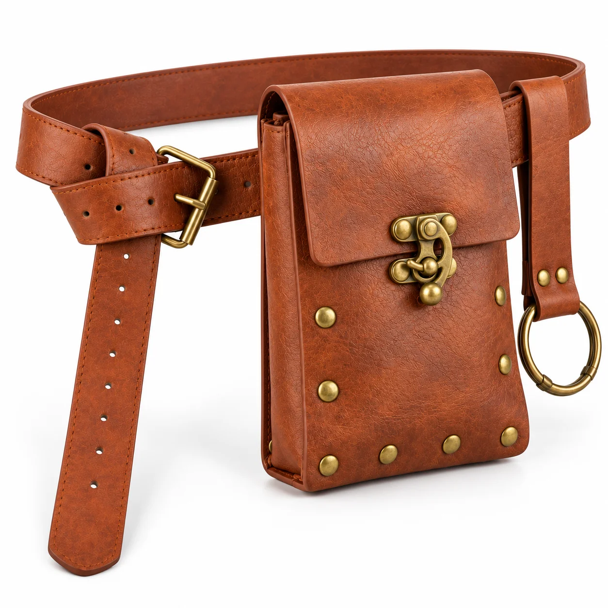Bolsa de cintura de cuero marrón de estilo vintage con cinturón ajustable, bolso retro para llevar en la cadera con hebilla de latón y anillo metálico, para hombres y mujeres.
