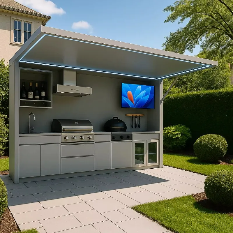 Custom Modern Luxury 304 Stainless Steel Outdoor Kitchen BBQ Grills Black With Roof For Camping Garden Pool Commercial — Custom