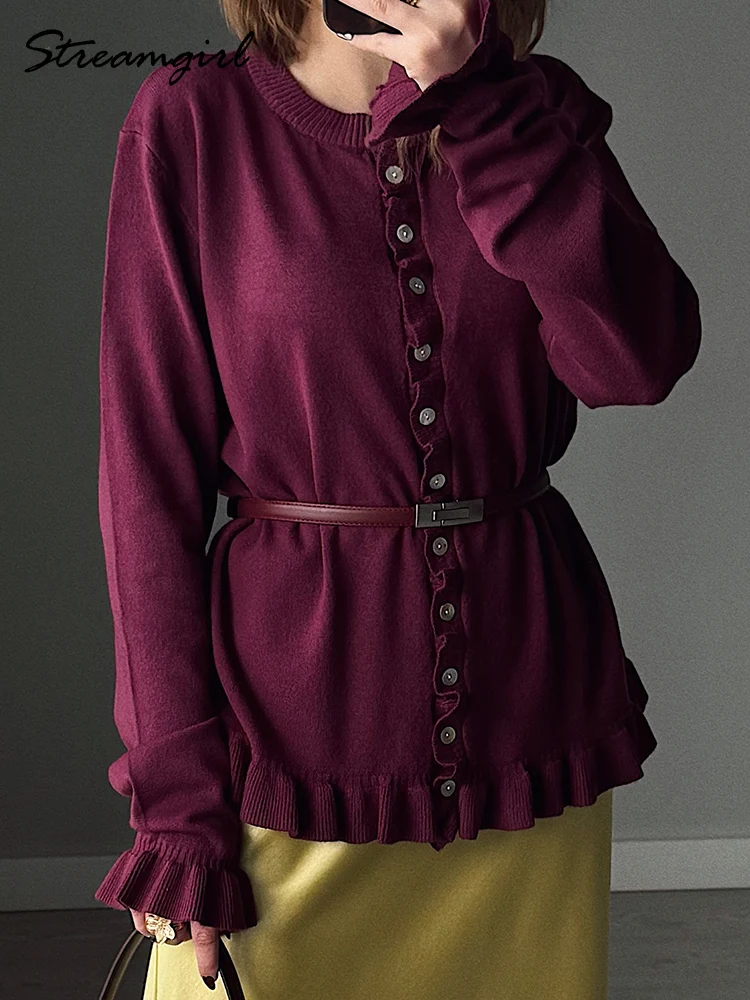 Streamgirl Women Cardigans Sweaters Brown Autumn Loose Reffle Cardigan Green Woman Solid Burgundy Knit Cardigan Vintage Jackets