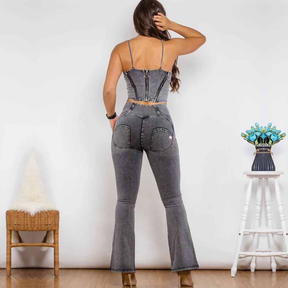 

Shascullfites Women's 2-Piece Shaper Suit High Waist Flare Jeans Bodysuit Set with Zipper Push-Up Top Grey Denim Look