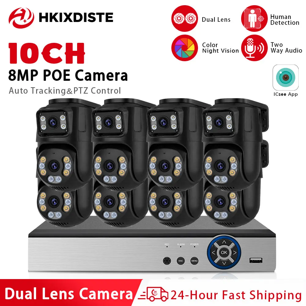 8MP 4K 10CH POE Security IP Camera System Dual Lens PTZ Camera Audio Tracking Motion Detection Waterproof Remote Access NVR Kit