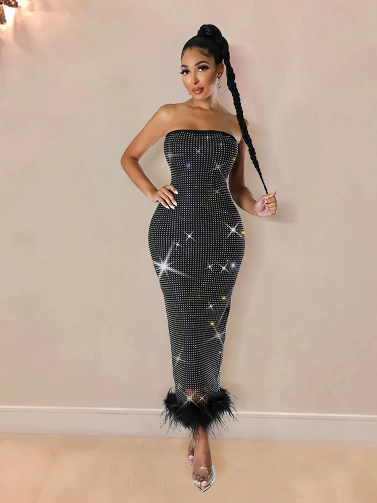 Women\'s Strapless mesh Hotfix Rhinestone Long Feather Sexy Fashion Slim Black Dress Evening Off Shoulder Elegant Party Dress