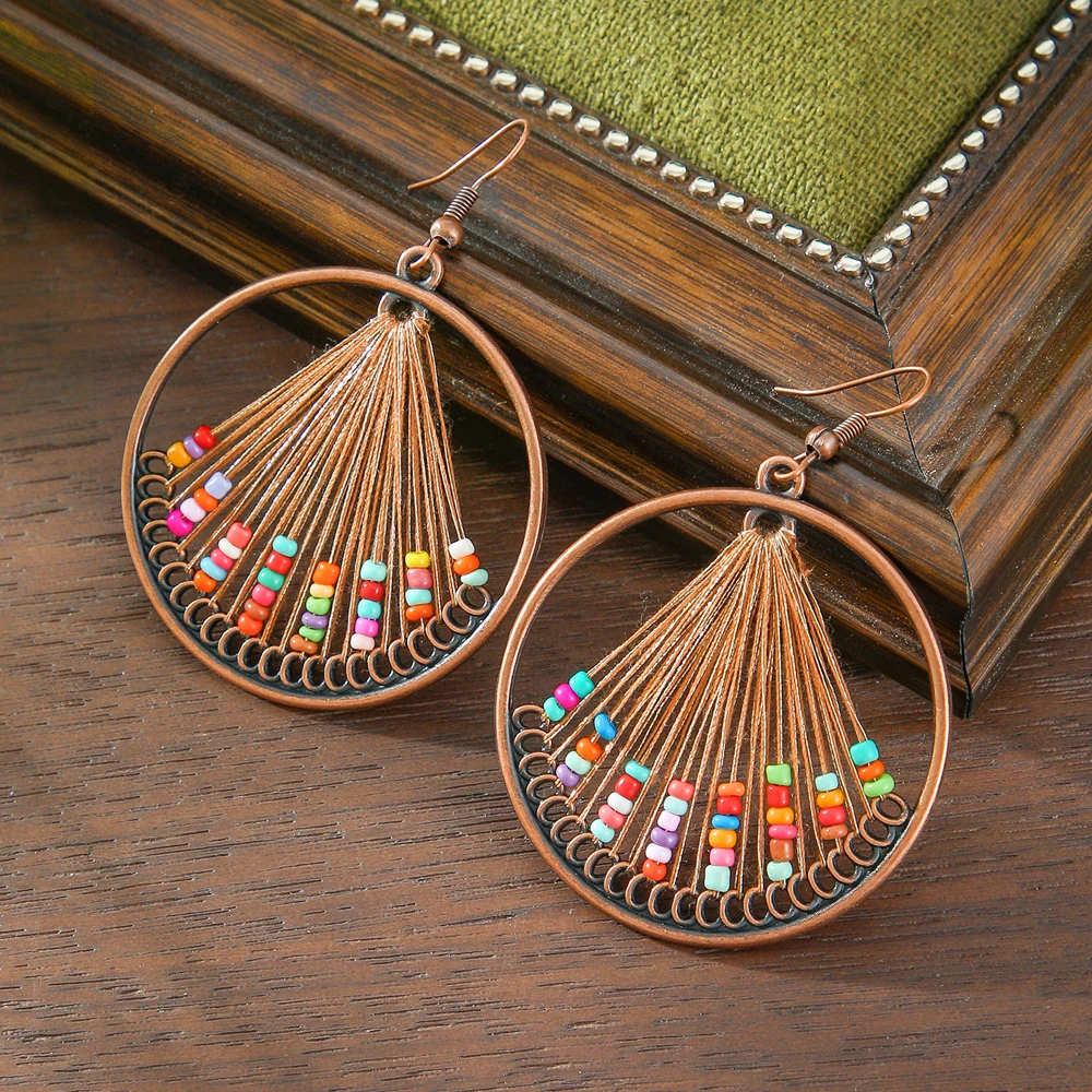 مجموعة أقراط بوهو كلاسيكية مصنوعة يدويًا، أقراط مطرزة على شكل دمعة دائرية هندسية مثالية للحفلات والارتداء اليومي والتنقل في العطلات