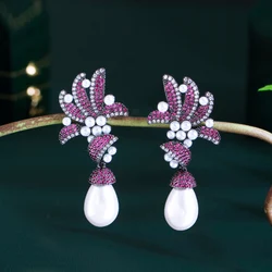 CWWZircons Glamorous Fuchsia Red Cubic Zirconia Pave Flower Leaf Long Dangle Drop Pearl Party Wedding Earrings for Women CZ675