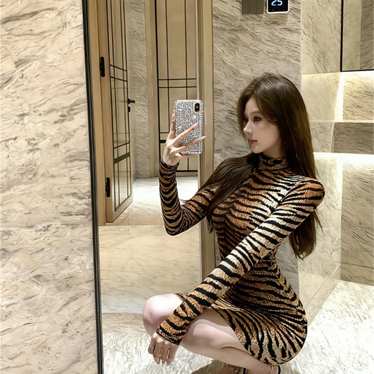 Afslanken Hoge Taille Print Tijger Streep Wrap Dr Amerikaanse Sle Lange Sve ort H-Lijn Bodycon Dr voor Vrouwen Herfst 2025