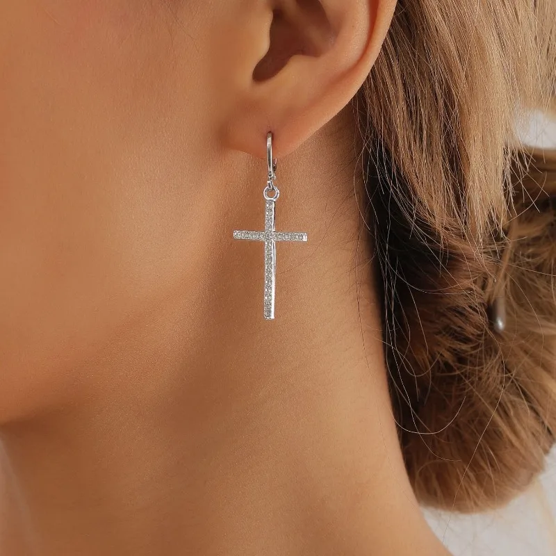 Pavé CZ Cross Hoop Drop Earrings for Women Silver Tone Crucifix Rhinestone Dangle Vintage Ornate Elegant Classic Jewelry Gift