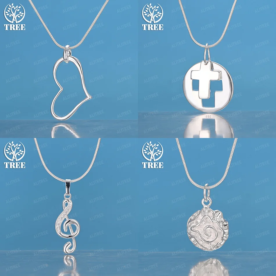 

925 Sterling Silver Heart Cross Flower Notes Pendant Necklace Women Fine Jewelry Accessories Engagement Wedding Party Gift