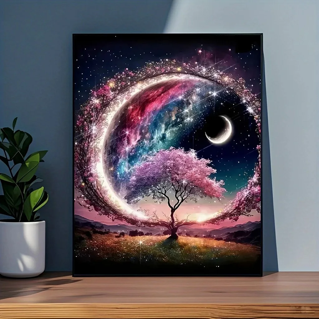 Cosmic Tree Cherry Blossoms Crescent Moon 5D DIY Diamond Painting Kit with Tools Rhinestones Home Wall Decor Gift for Adults Kid