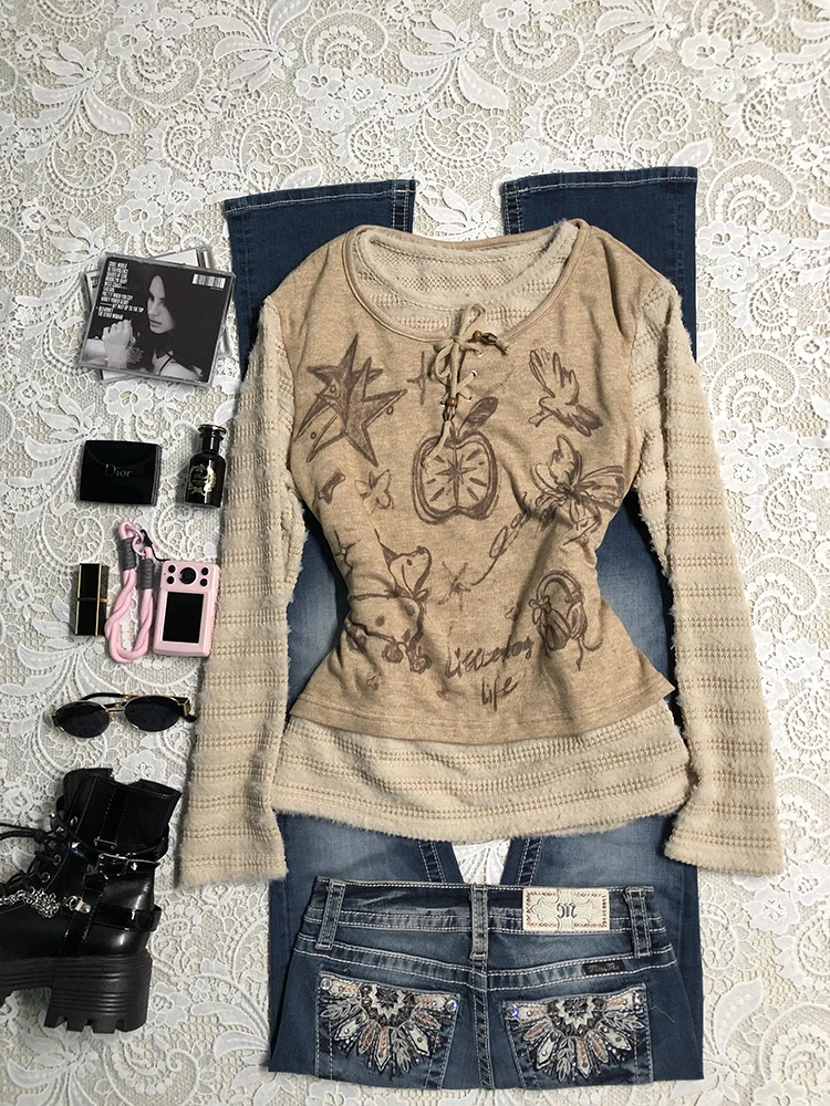 

Khaki Long Sve round Ne T-irt Fake Two-Piece Top for Girls Original Design Slimming Effect Autumn Winter Cotton Blend