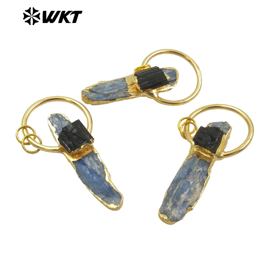 WT-P1968 New Design 2024 Vintage Bohemian Natural Raw Blue Kyanite With Black Tourmaline Lucky Jewelry Pendants