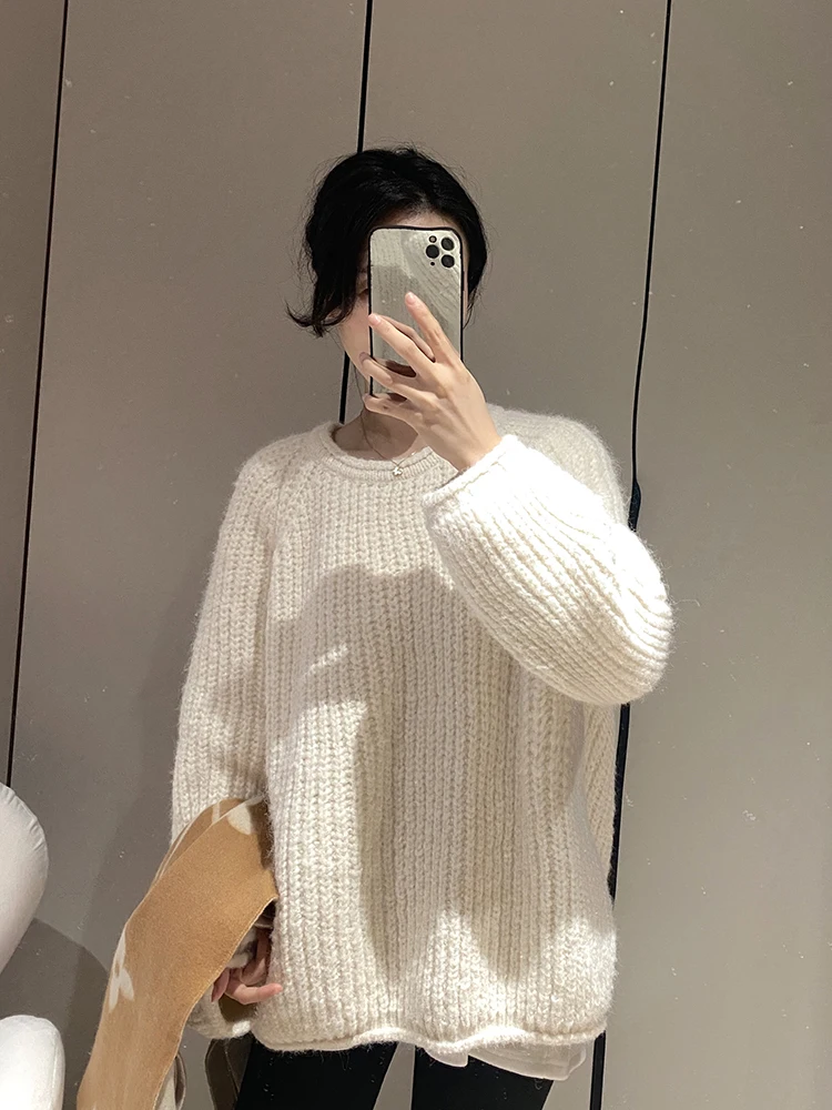

Loose round Ne Pullover Knitted Sweater Women's Casual White Comfortable Sle Winter Faion Commute Sle Long Sve Top