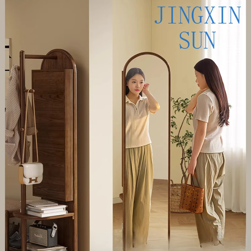 Solid wood full-body mirror floor mirror, rotatable mirror hanging hanger full-length mirror integrated