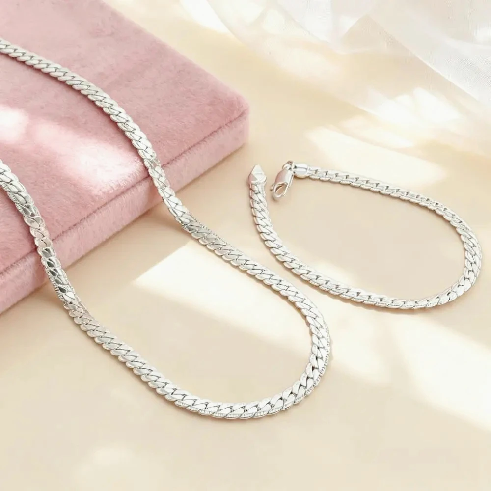 

Fine brands exquisite 5MM Flat Chain 925 Sterling Silver Bracelets necklaces Jewelry sets for men Women Fashion wedding gifts