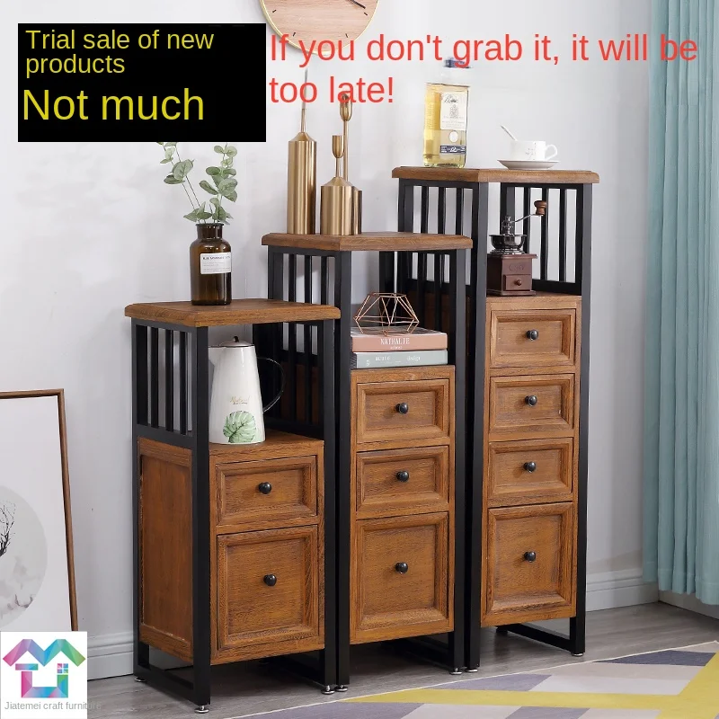 Xl Solid Wood Narrow Side Cabinet Living Room American-Style Gap Locker Iron Vintage Chest of Drawers