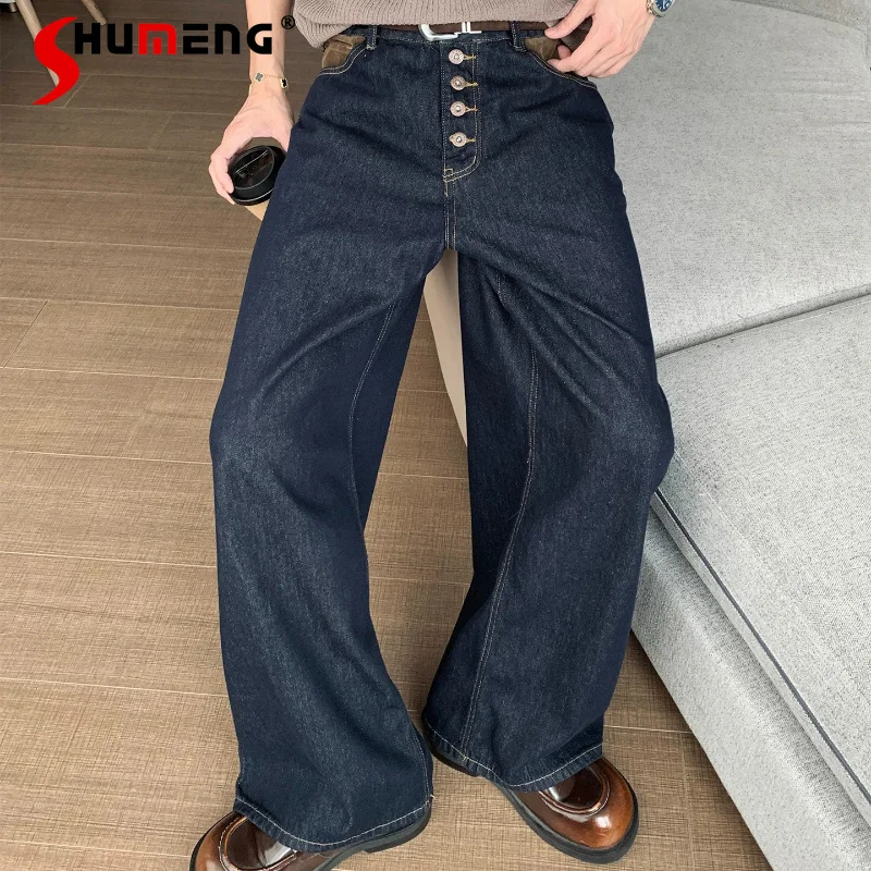 

Fashion Jeans Men's 2026 New Handsome Straight Denim Pants Men's Trendy Pocket Decoration High Street Wide Leg Denim Trousers