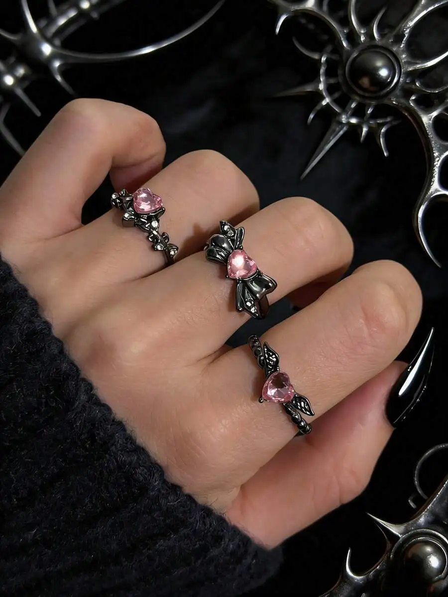 

Vintage Rhinestone Heart Cross Star Snake Stacking Rings Set For Women