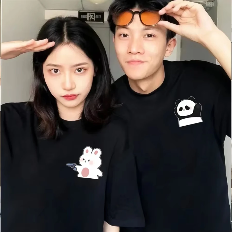 Interesting Cartoon Surrender Panda Print Couple T-shirt Tee Top Casual Loose Short Sleeve Tshirt for Lover Gift
