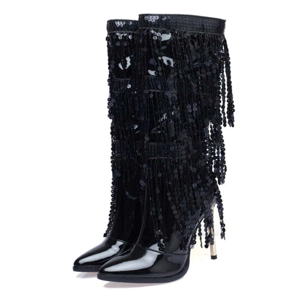 Ribetrini moda apontou toe franja lantejoulas meados de bezerro botas para mulher zip metálico glitter sexy vestido elegante sapatos longos