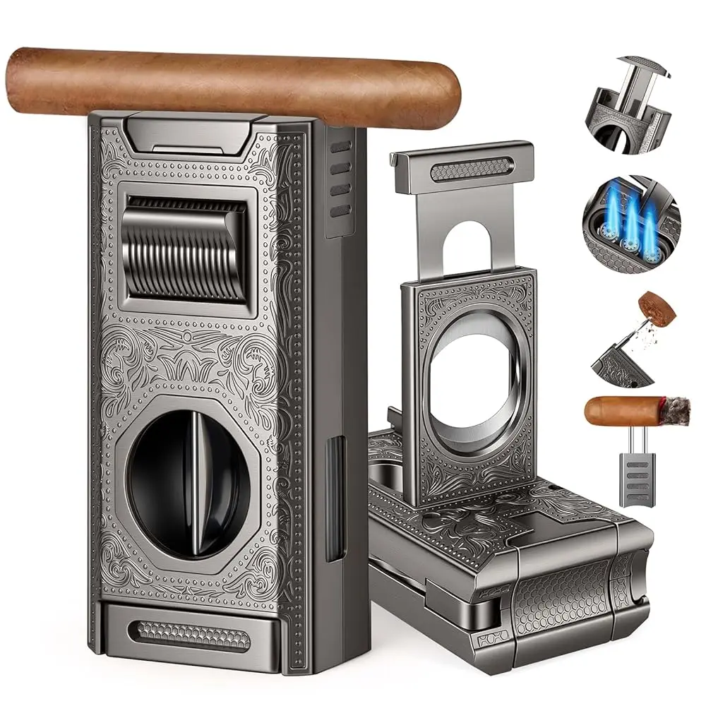 

Ailexpress Recommendation - Cigar Lighter, Triple Jet Torch 6-in-1 Windproof Butane Lighter with V-Cutter, Straight Cutter, Ciga