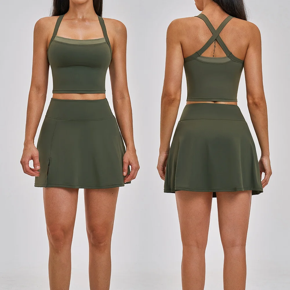 SEEKSUC Women's Tennis Skirt Suit A-line Fake Two-piece BrasNaked Breathable Quick-drying Safety Shorts Gym Fitness Sportswear