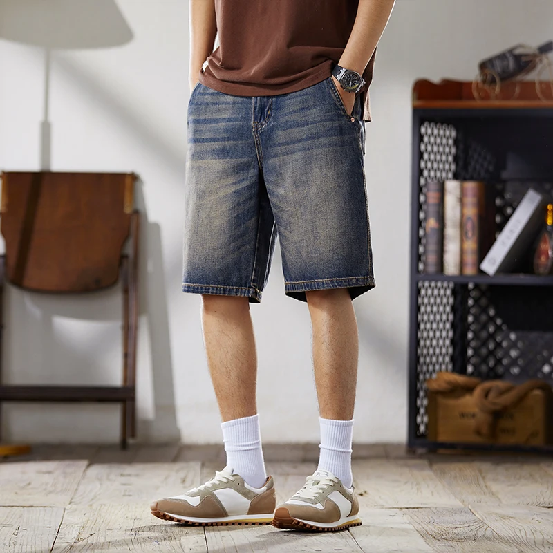 

XY9943 New trendy casual washed American retro denim shorts for men's casual versatile summer thin five quarter pants