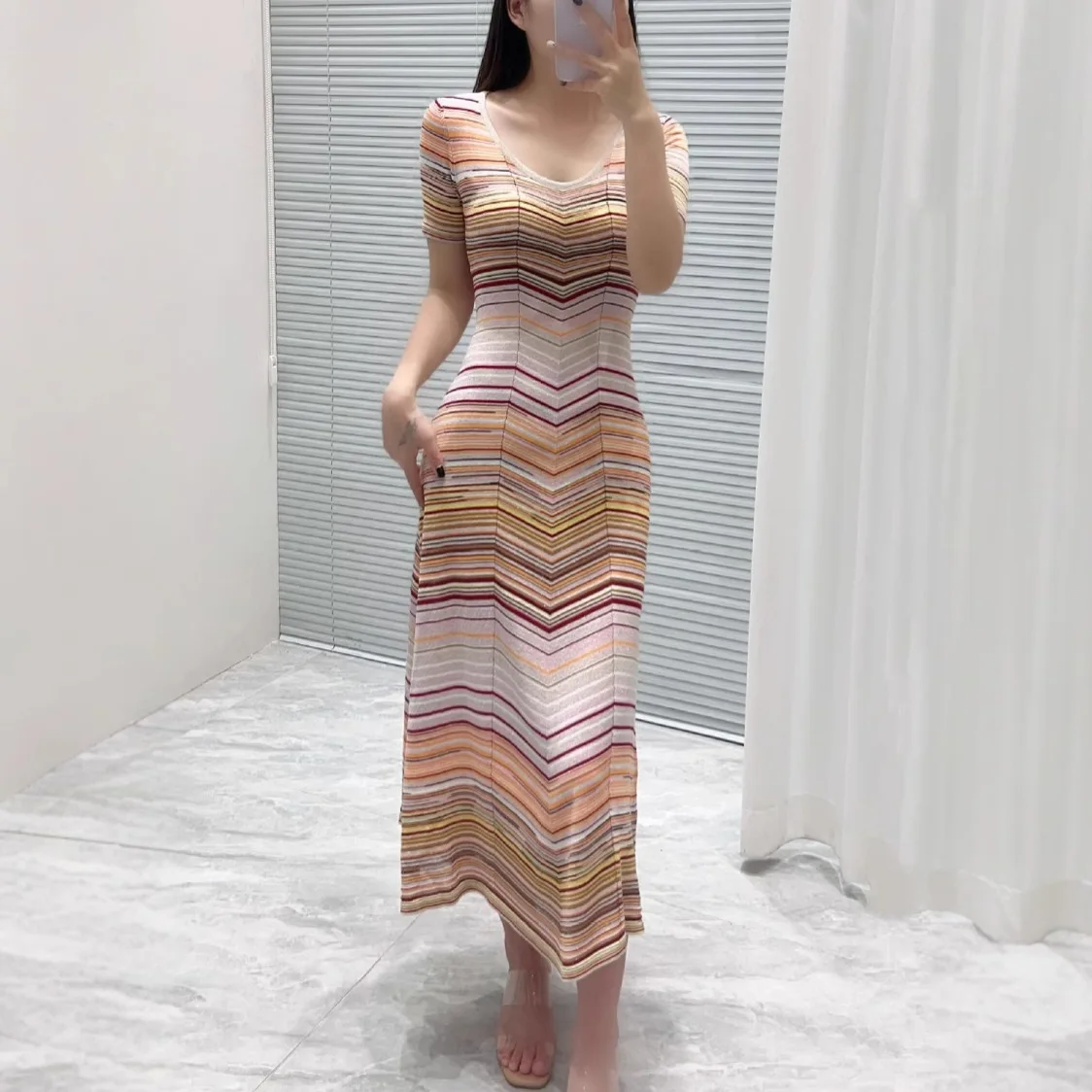

Summer 2025 Slim Fit round Ne ort Sve Knitted Long Dr Design Sensation Color Blo Stripes New Arrival Gown