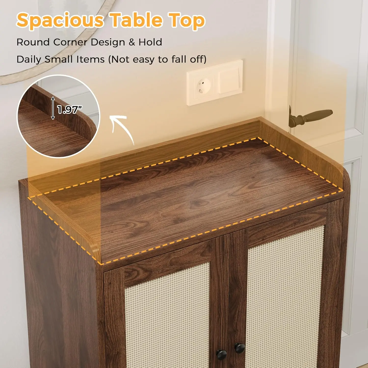 Rattan Shoe Cabinet with Doors Entryway Organizer Storage 2-Tier Wooden, Customized
