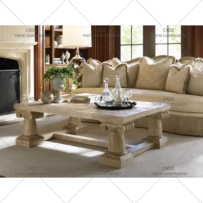 Solid Wood Coffee Table Simple Retro Rectangular Tea Table for Small Apartment Living Room Engraved Vintage Style