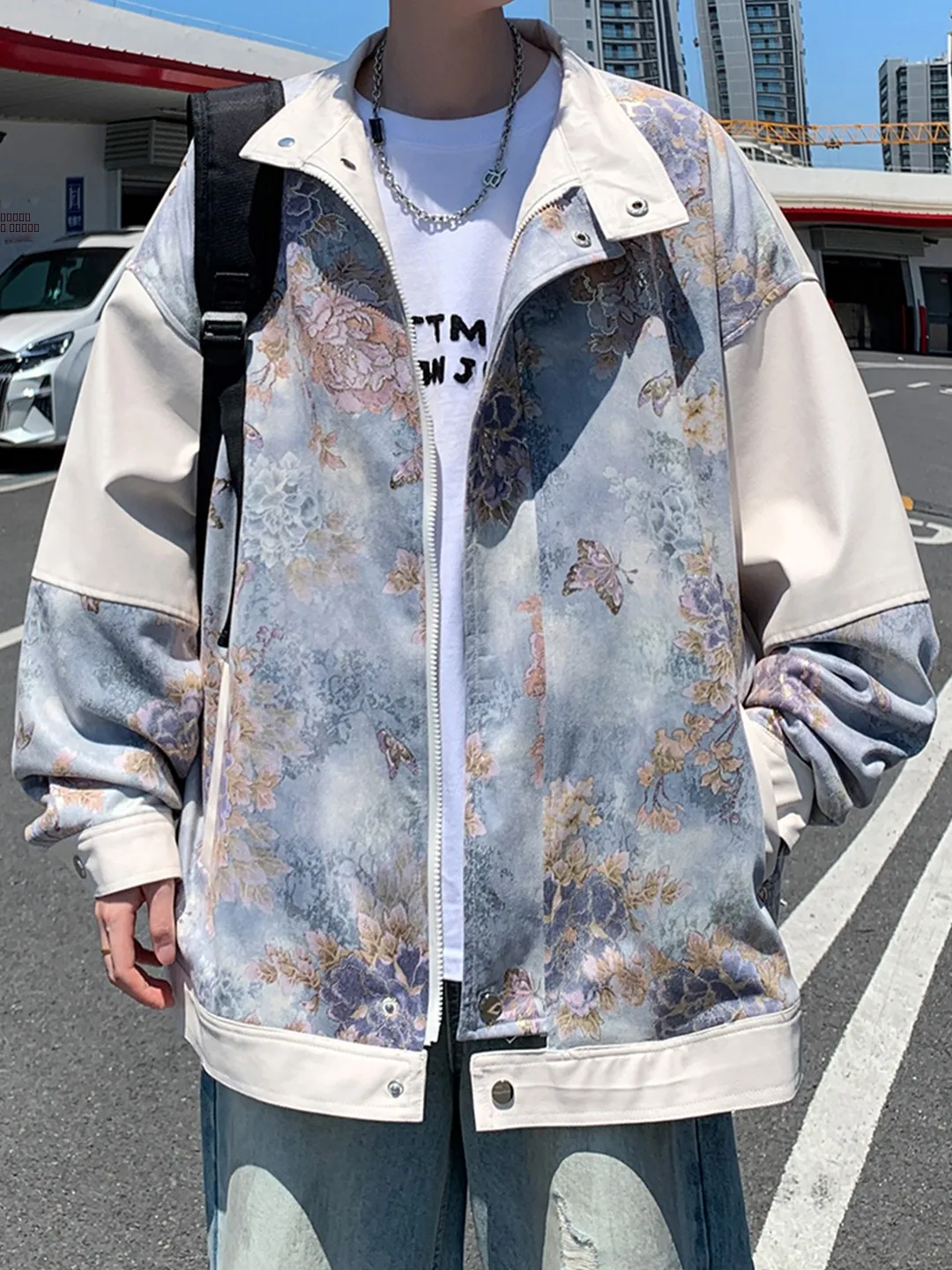 Новое китайское пальто в стиле пэчворк с цветочным принтом, мужское осеннее кожаное пальто высокого дизайна, модная молодежная повседневная одежда на открытом воздухе