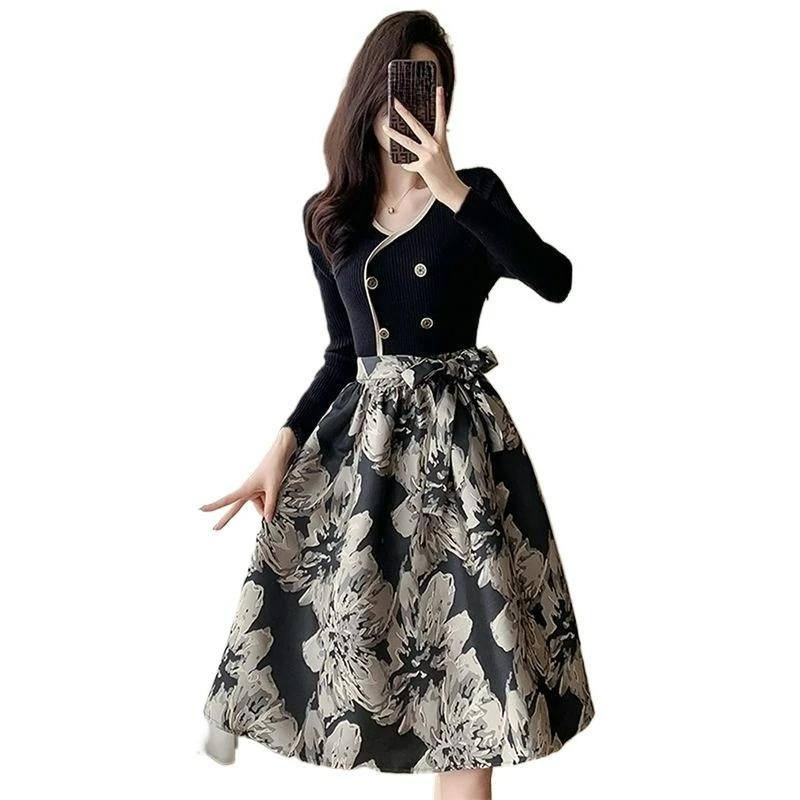 new foreign French temperament high-end light luxury celebrities show thin medium long skirts women's exquisite simple casual
