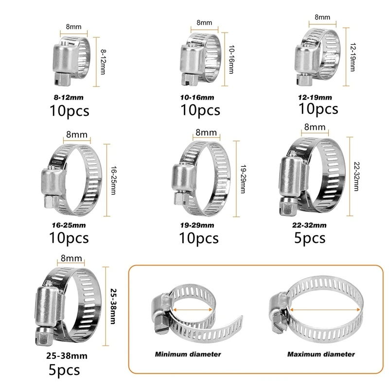 Mới Bộ 60 Thép không gỉ Ống Kẹp Có Thể Điều Chỉnh Con Sâu Gear Ống Kẹp Assortment Bộ Nhiều Đường Ống Cơ Khí Ô Tô