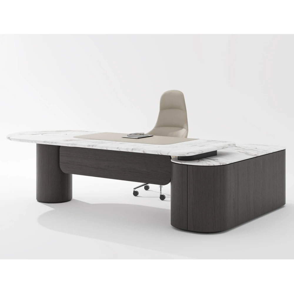 Luxury Solid Wood & Marble-Surfaced L-Shaped Executive Office Desk with File Drawer