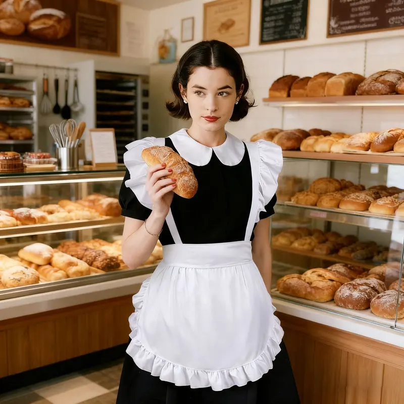 Lolita maid apron with ties, no pockets, ruffled waist apron, coffee shop workwear