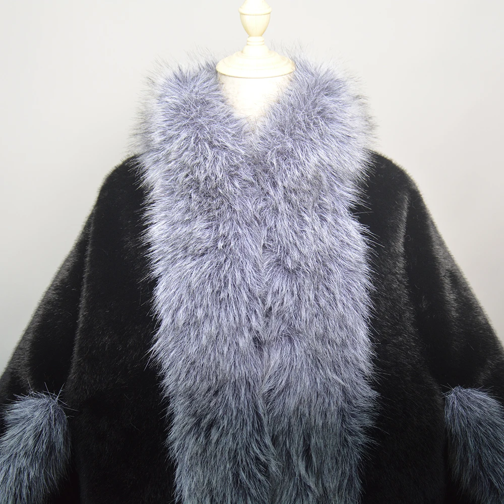 New Knitted Fake Mink Fur Shawl Coat With Fake Fox Fur Collar Women's Fashion Knit Jacket Cape