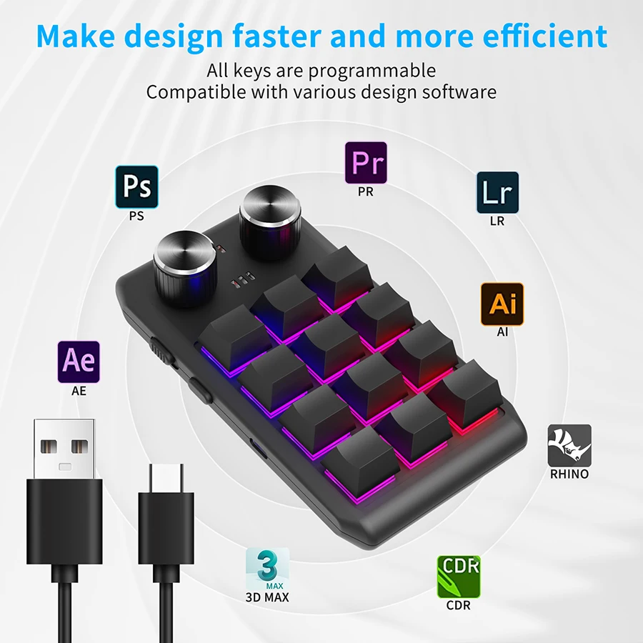 ماكرو برمجة لوحة المفاتيح الميكانيكية 12 مفاتيح 2 مقبض بلوتوث 2.4G 3-وضع Hotswapping Macropad لوحة المفاتيح للألعاب PS مخصص