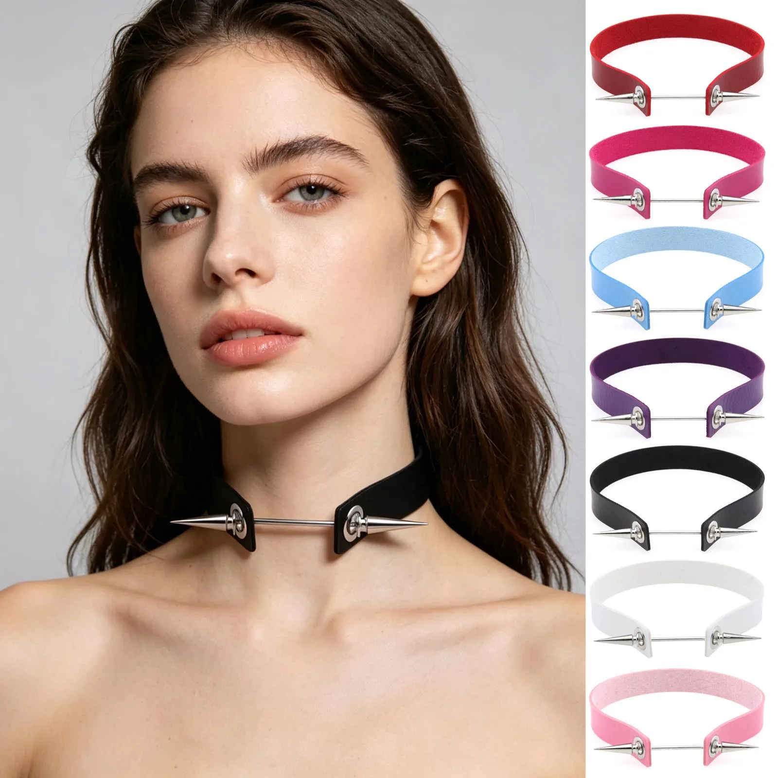 Punk  Dark theme  Simplicity Hot girl Personality  Minority and unique Rivet Multicolored Leather Stainless steel Collar chain