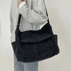 Large Capacity Corduroy Shoulder Bags Korea Style Cloth Tool Kit Bags Solid Simple Black Big Messenger Bags Fabric Packages