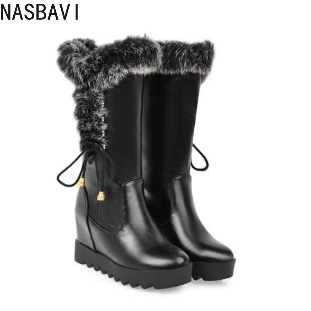 NASBAVI Winter Womens Snow Boots Warm Fur Mid Calf High Boots Lace-up Female Shoes Female Cute Padded Boots Zapatos De Mujer