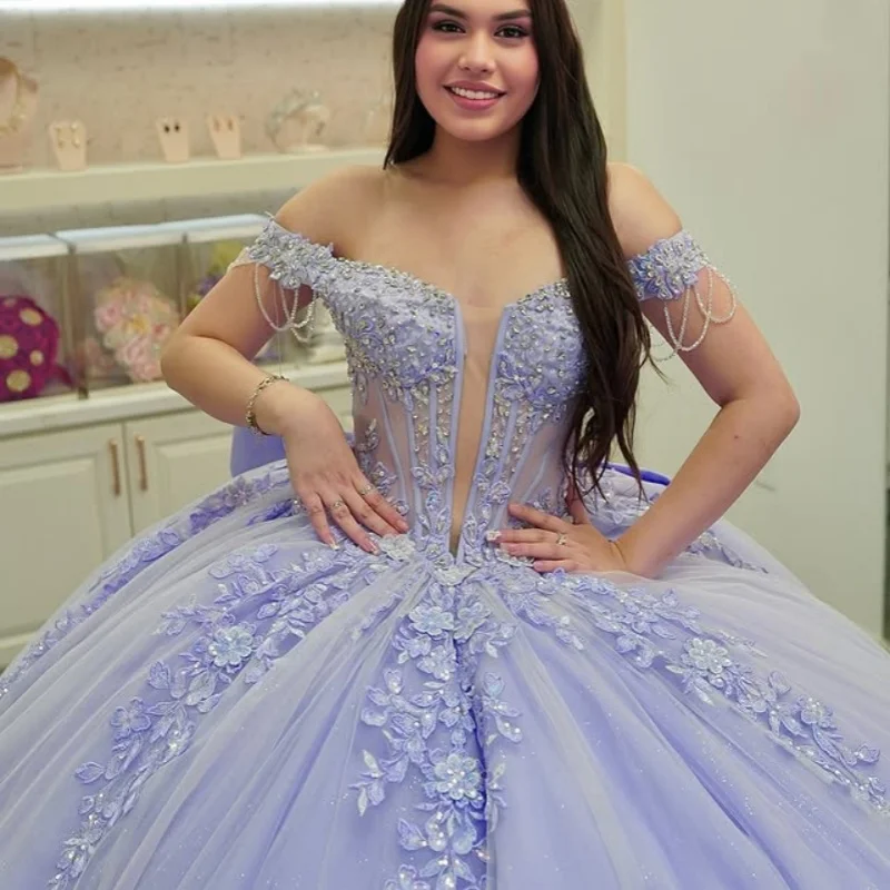 

Фиолетовые платья Quinceanera по индивидуальному заказу с открытыми плечами, блестящая наклейка, кристалл, 3D цветок, хвост, бант, бусина, Vestido 15, Quinceanera