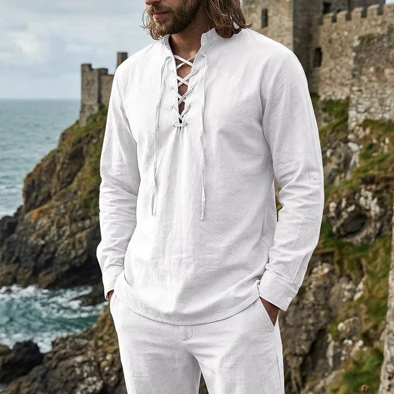 2026 Herren Vintage Mittelalterliches Leinenhemd mit Schnürung, Langarm, Henley-Ausschnitt, Locker Geschnitten, Piraten-Cosplay, Strand, Freizeit, Urlaub, Alltagshemd – Detail 23
