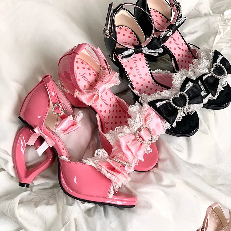 

Japanese Original Ji Love Heel Sandals Spice Girl High Heel Ancient Flavor Lo Shoes Lolita Love Pearl Bow Lace Slippers Women